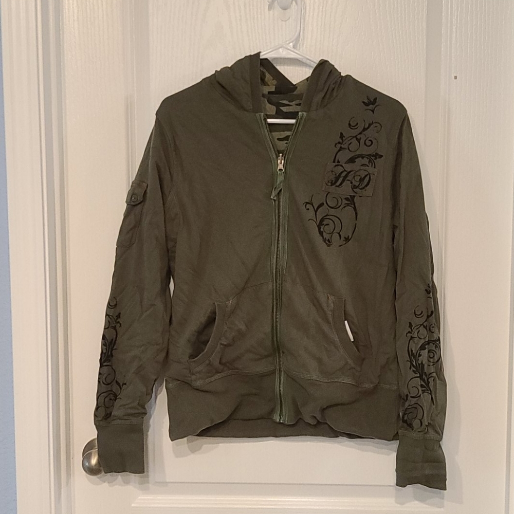 Olive Green Women's Hoodie with Black Floral Design